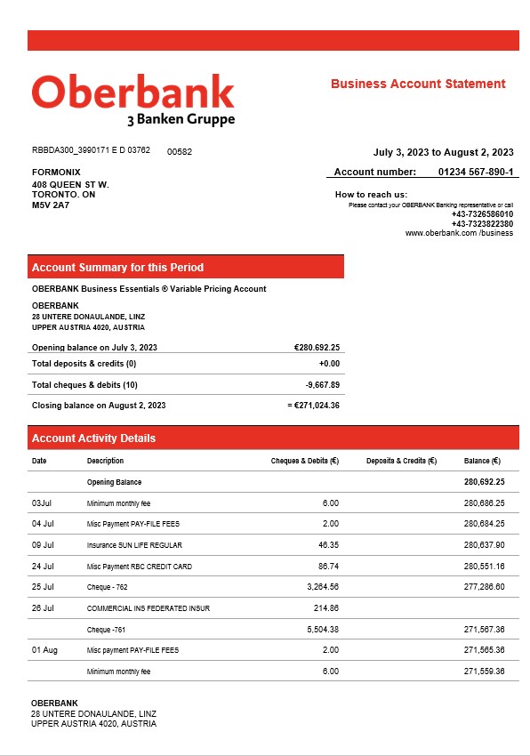 Modèle Word et PDF de relevé de compte courant de la société Oberbank